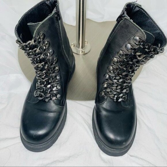 OVYÉ Genuine Leather Chain Lace Up Combat Boots in Black - Picture 4 of 8
